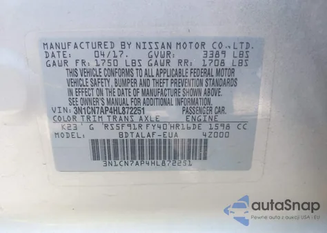 2017 Nissan Versa 1.6 S z USA, uszkodzony, nr VIN 3N1CN7AP4HL872251